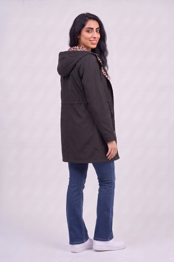 Black Leopard-Lined Reversible Hooded Parka Jacket– Olivia