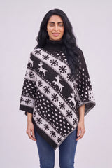 Black Festive Fair Isle Reindeer Knitted  Christmas Poncho - Emily