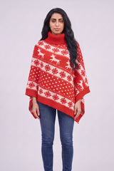 Red Festive Fair Isle Reindeer Knitted  Christmas Poncho - Emily