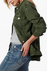 Khaki Long Line Print Splatter Denim Jacket