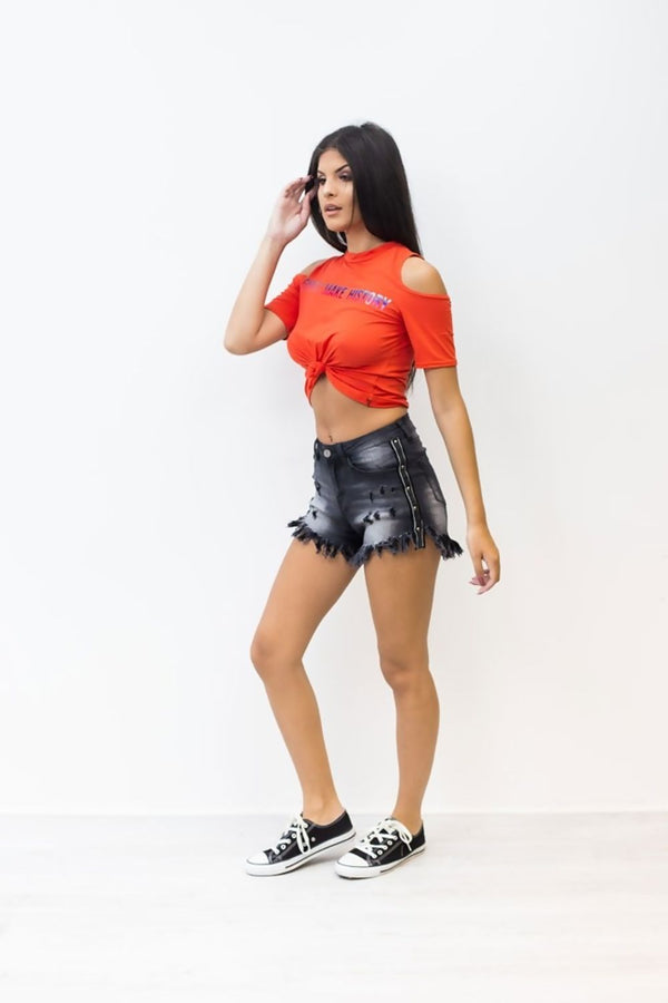 Denim Frayed Hem Studded Shorts 