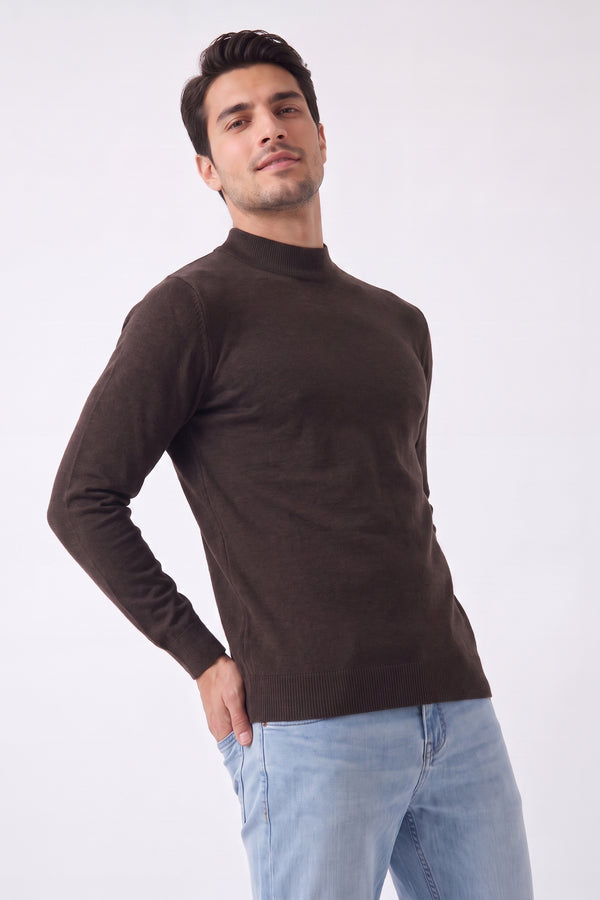 Mens Chocolate Ribbed High-Neck Long-Sleeve Knit Jumper- Thomas