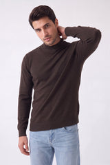 Mens Chocolate Ribbed High-Neck Long-Sleeve Knit Jumper- Thomas