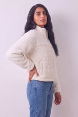 Cream Teddy Borg Zip Front Quilted Jacket with Heart Detail - Emily