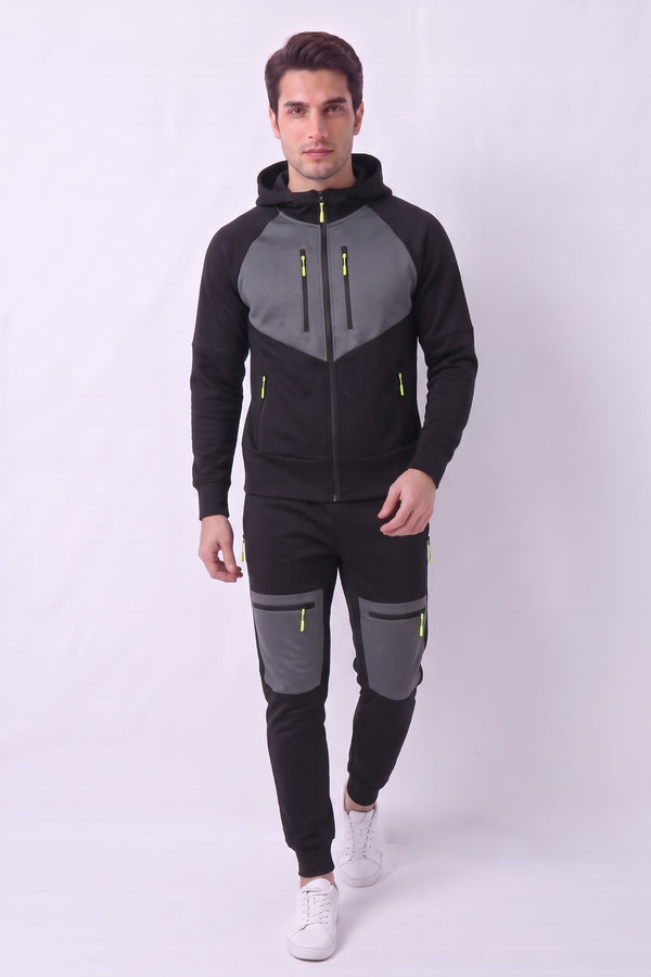 Men's Black Panelled Hoodie & Joggers Tracksuit Set - Jack