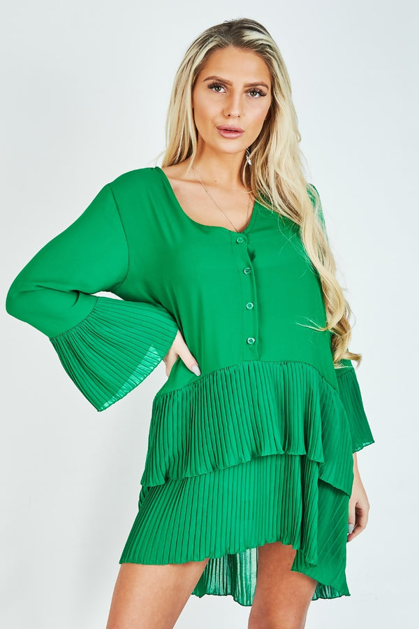 Green Ruffle Pleated Smock Mini Dress