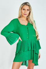 Green Ruffle Pleated Smock Mini Dress