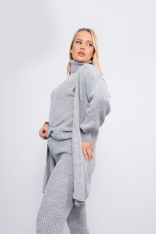 Grey 3 Piece Knitted Roll Neck Lounge Set