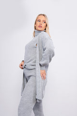 Grey 3 Piece Knitted Roll Neck Lounge Set