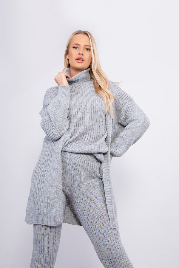 Grey 3 Piece Knitted Roll Neck Lounge Set