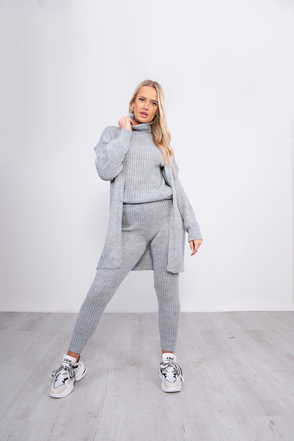 Grey 3 Piece Knitted Roll Neck Lounge Set