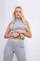 Grey 3 Piece Knitted Roll Neck Lounge Set