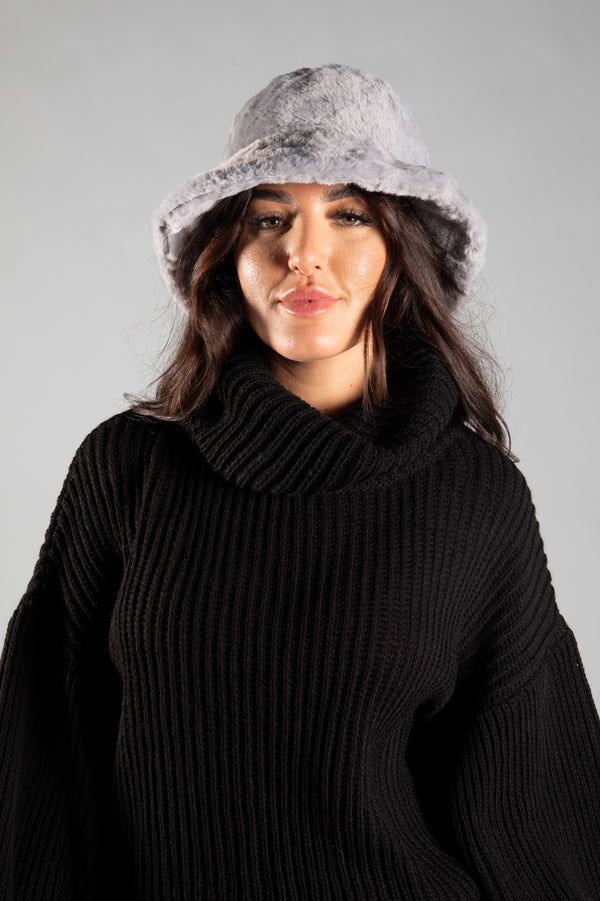 Grey Faux Fur Bucket Hat