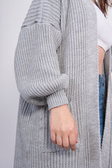 Grey Balloon Sleeve Pocket Detail Knit Cardigan 