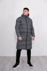 Mens Grey Longline Hooded Puffer Coat