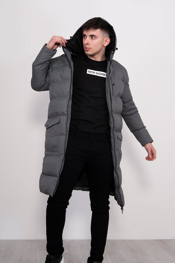 Mens Grey Longline Hooded Puffer Coat