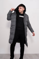 Mens Grey Longline Hooded Puffer Coat