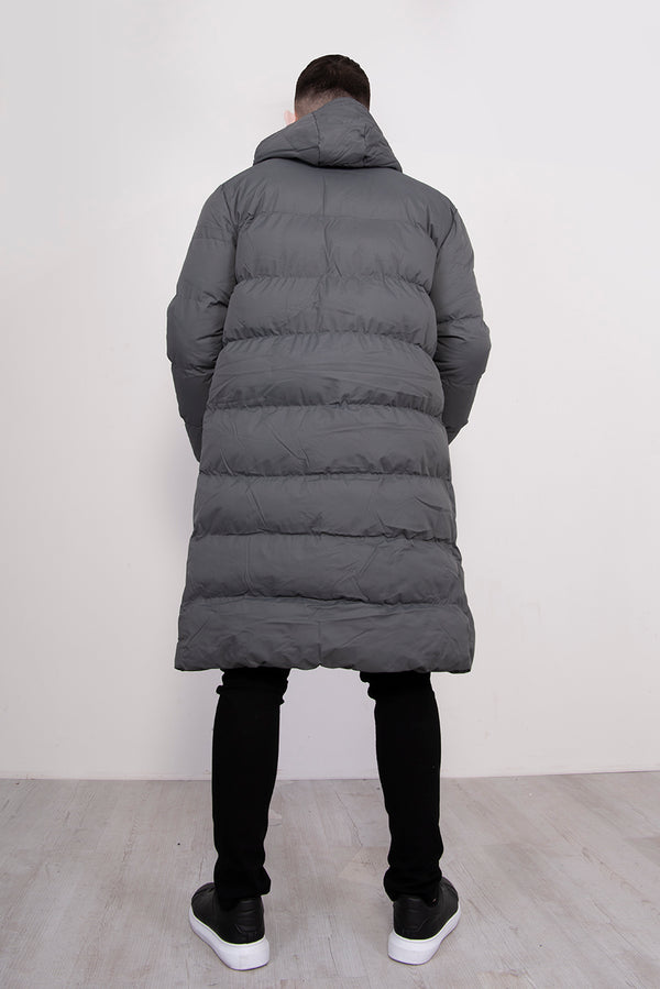 Mens Grey Longline Hooded Puffer Coat