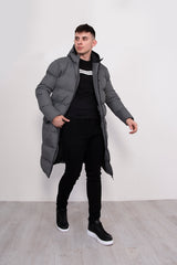 Mens Grey Longline Hooded Puffer Coat