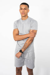Mens Grey Muscle Fit Zip Pocket Shorts Set
