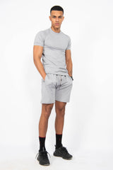 Mens Grey Muscle Fit Zip Pocket Shorts Set