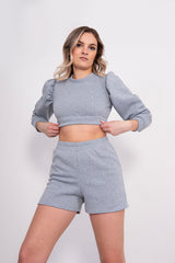Grey Puff Sleeve Cropped Jumper And Short Set