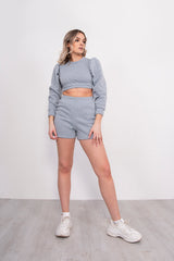 Grey Puff Sleeve Cropped Jumper And Short Set