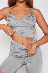 Grey Slinky Ruched Crop Top And Shorts Co-Ord