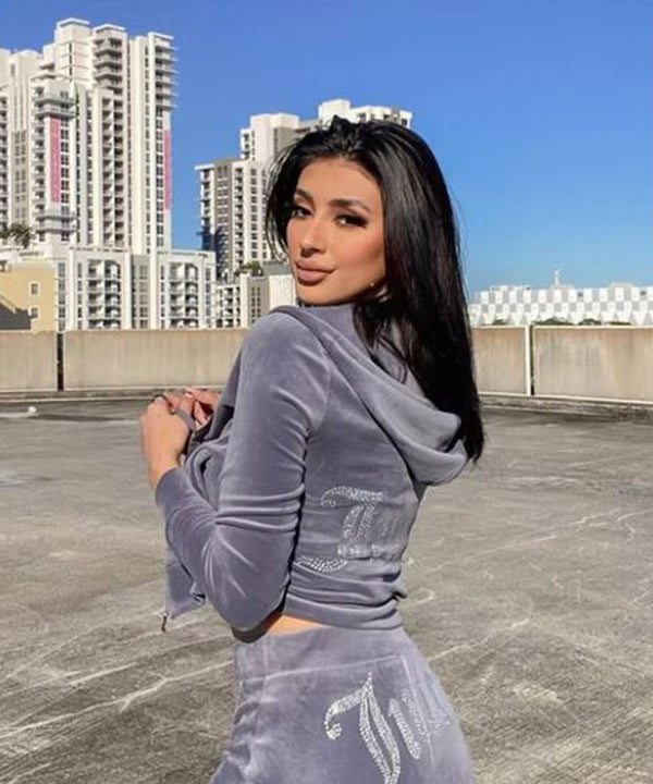 Grey Studded Wide Leg Juicy Print Velour Tracksuit