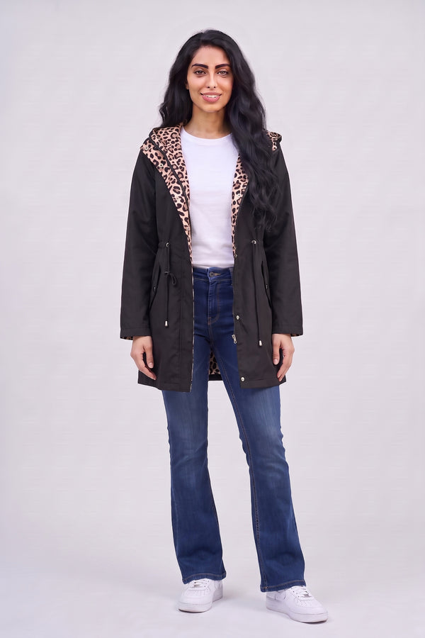 Black Leopard-Lined Reversible Hooded Parka Jacket– Olivia