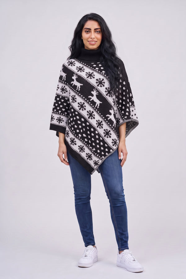 Black Festive Fair Isle Reindeer Knitted  Christmas Poncho - Emily