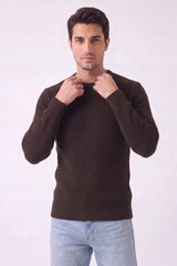 Men’s Chocolate Brown Ribbed Crew Neck Knit Jumper-Ryan