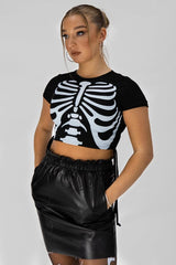 Black Ribbed Ruched Skeleton Hand Print Crop Top