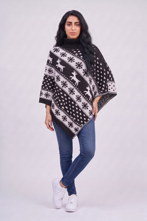 Black Festive Fair Isle Reindeer Knitted  Christmas Poncho - Emily