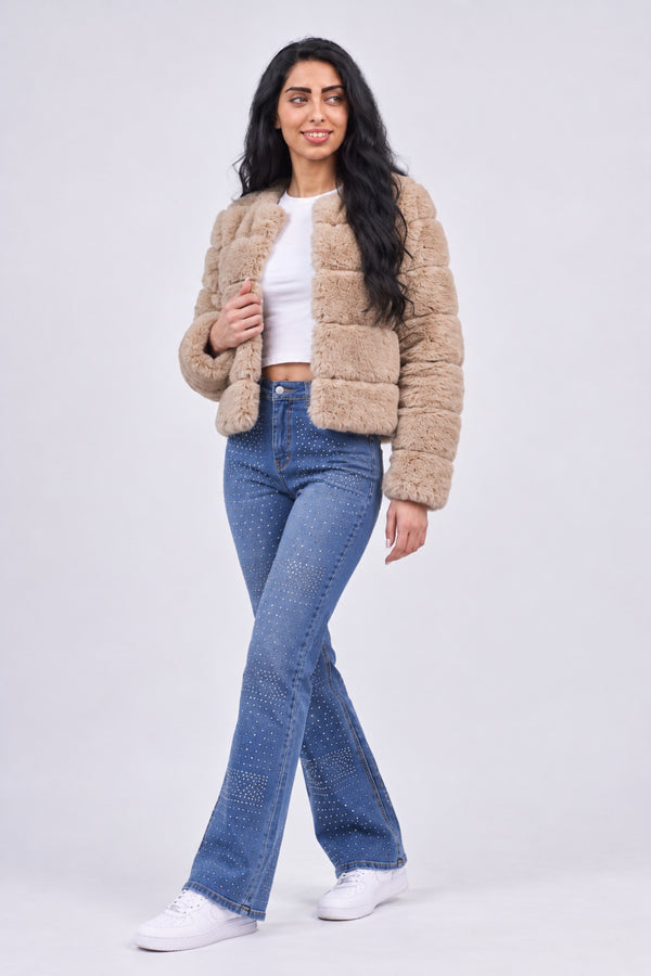 Beige Faux Fur Trimmed Cropped Jacket - Charlotte