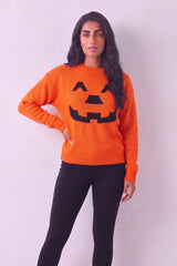 Orange Pumpkin Face Halloween Knitted Jumper - Ava