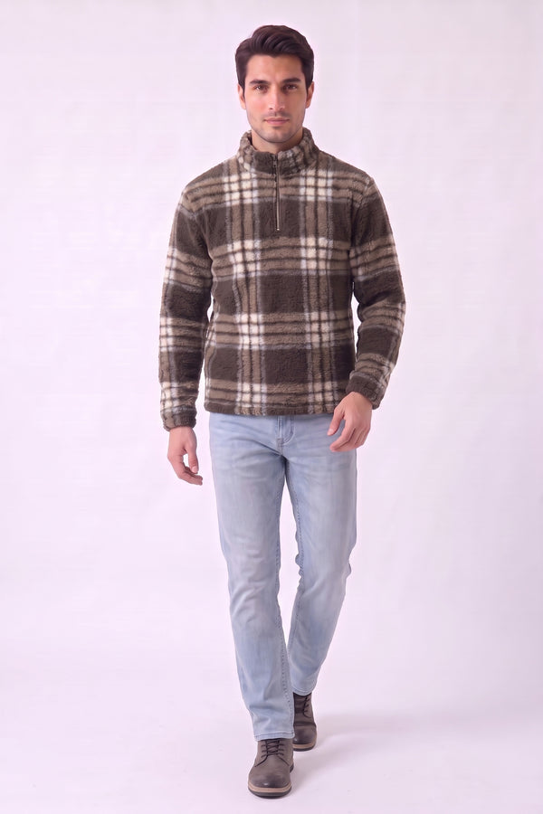 Brown Checked Borg Teddy Funnel Neck Quarter-Zip Sweatshirt - Jack