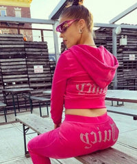 Hot Pink Studded Juicy Print Velour Zip Up Tracksuit