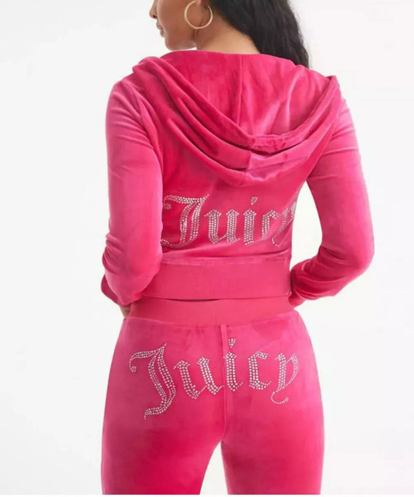 Hot Pink Studded Juicy Print Velour Zip Up Tracksuit