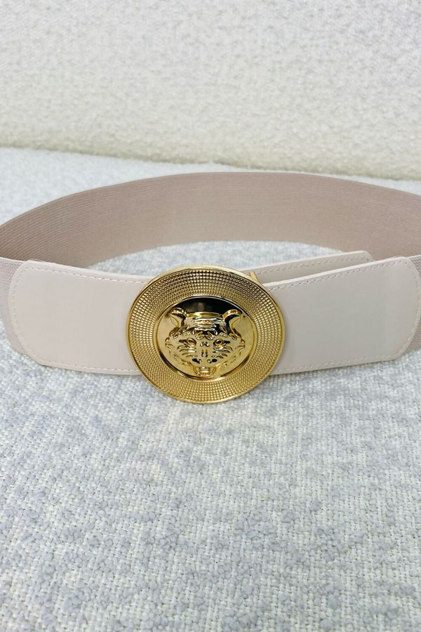Beige Strap Tiger Decor Round Buckle Fashion Belt