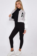Grey Womens Faux Leather Cropped Contrast Graphic Bomber Jacket