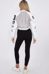 Grey Womens Faux Leather Cropped Contrast Graphic Bomber Jacket