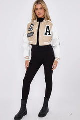 Beige Womens Faux Leather Cropped Contrast Graphic Bomber Jacket