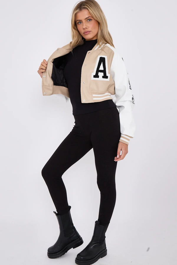 Beige Womens Faux Leather Cropped Contrast Graphic Bomber Jacket