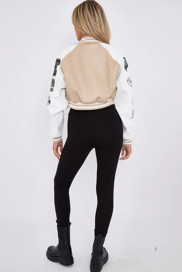 Beige Womens Faux Leather Cropped Contrast Graphic Bomber Jacket