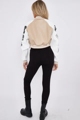Beige Womens Faux Leather Cropped Contrast Graphic Bomber Jacket