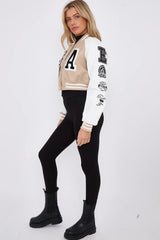 Beige Womens Faux Leather Cropped Contrast Graphic Bomber Jacket