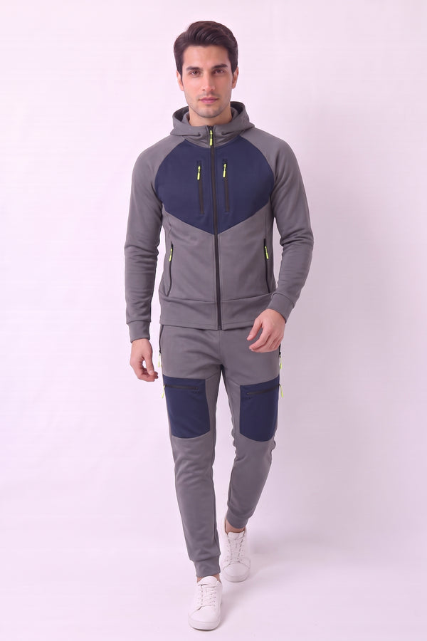 Men's Slate Grey Panelled Hoodie & Joggers Tracksuit Set - Jack