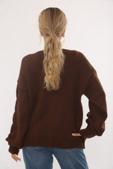 Brown Braided Cut Out Sleeves Buttoned Knit Cardigan