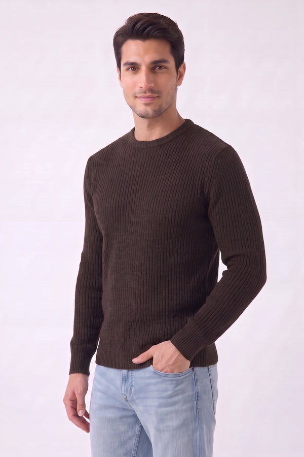 Men’s Chocolate Brown Ribbed Crew Neck Knit Jumper-Ryan